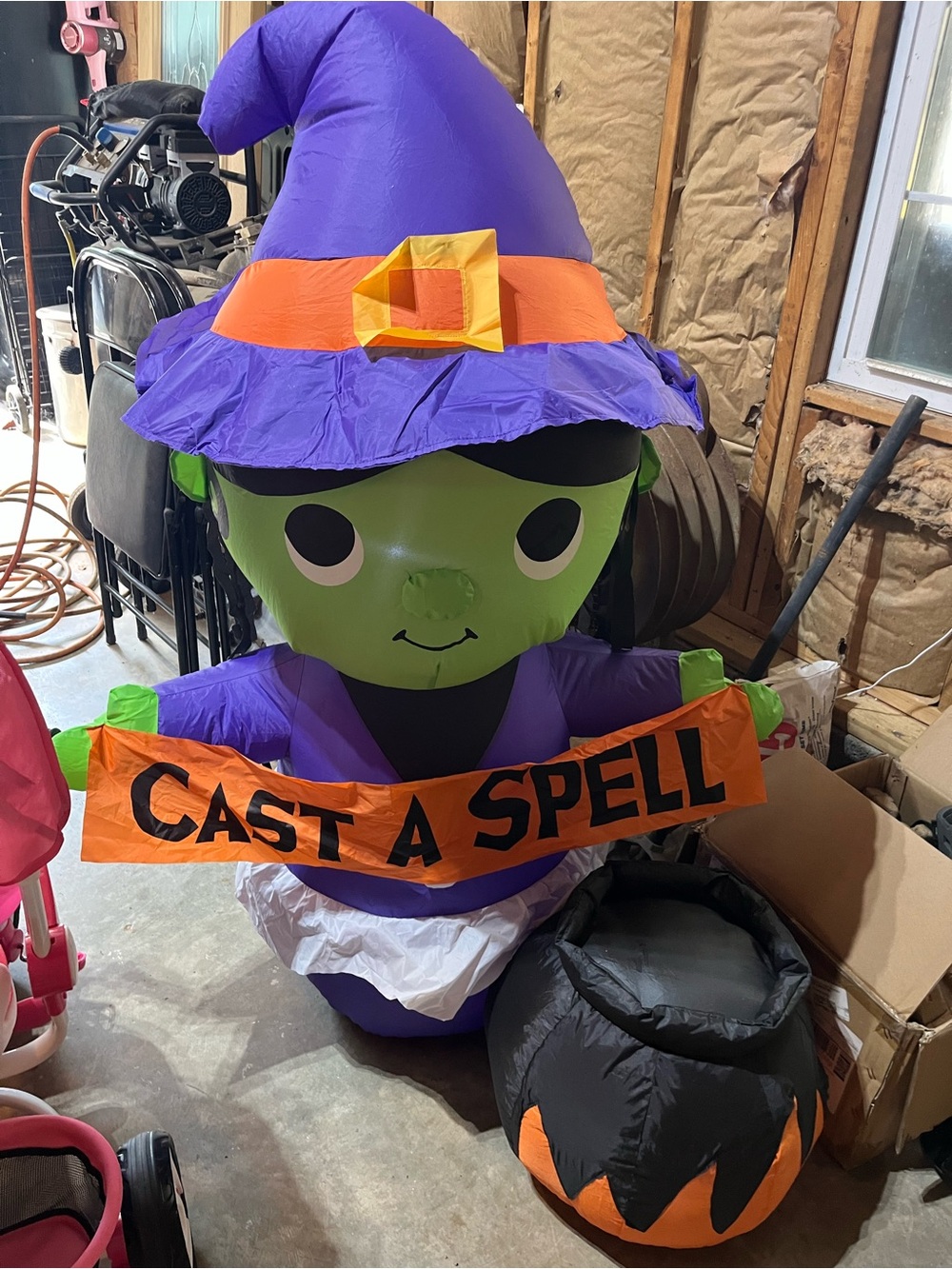 Way to Celebrate 4.5 Ft Witch Holding Cast a Spell Sign Airblown Inflatable Used